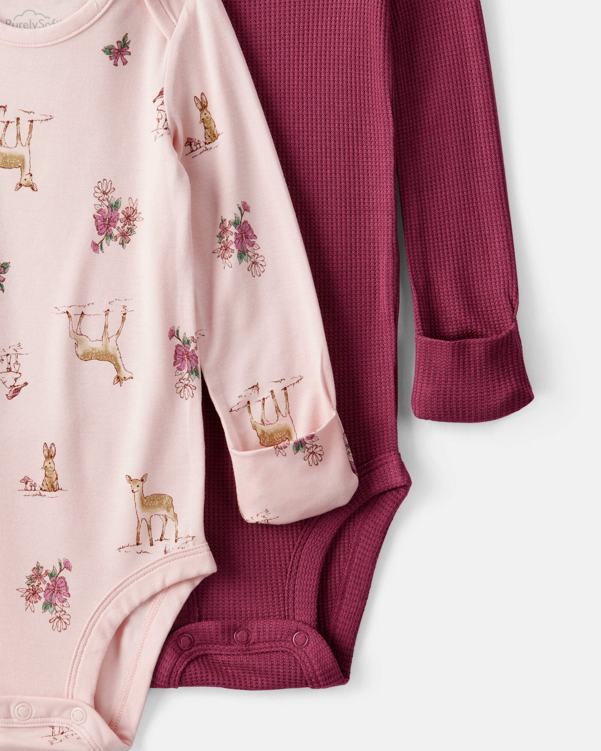 Carter's Baby Girl 2-Pack Deer & Floral Print PurelySoft Long-Sleeve Multipack Bodysuits - Burgundy/Pink