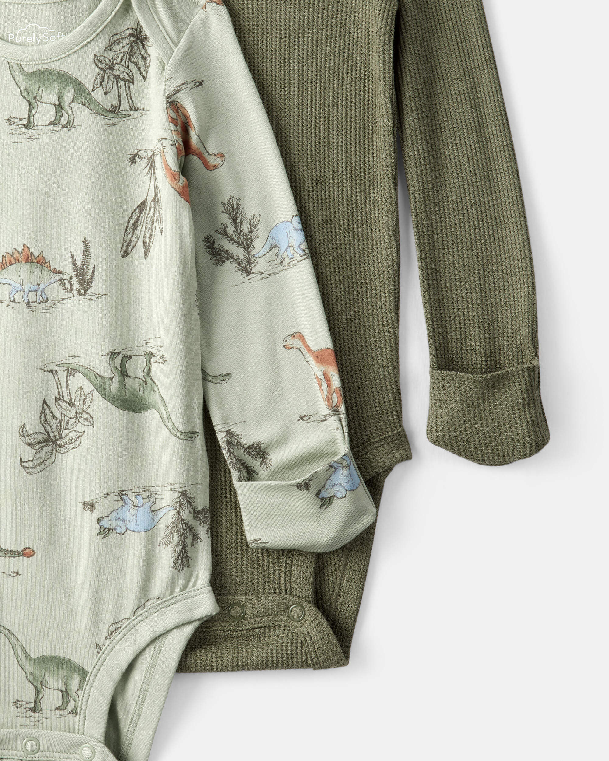 Carter's Baby Boy 2-Pack Dinosaur Print PurelySoft Long-Sleeve Multipack Bodysuits - Green
